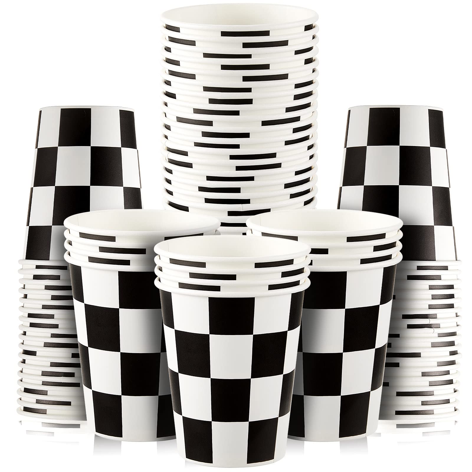 Checkered Cups 9 oz Checkered Paper Flag Race Car Party Cups Black and White Party Cups Bulk Disposable Beverage Cups for Race Car Checkered Themed Birthday Party(36 Pieces)