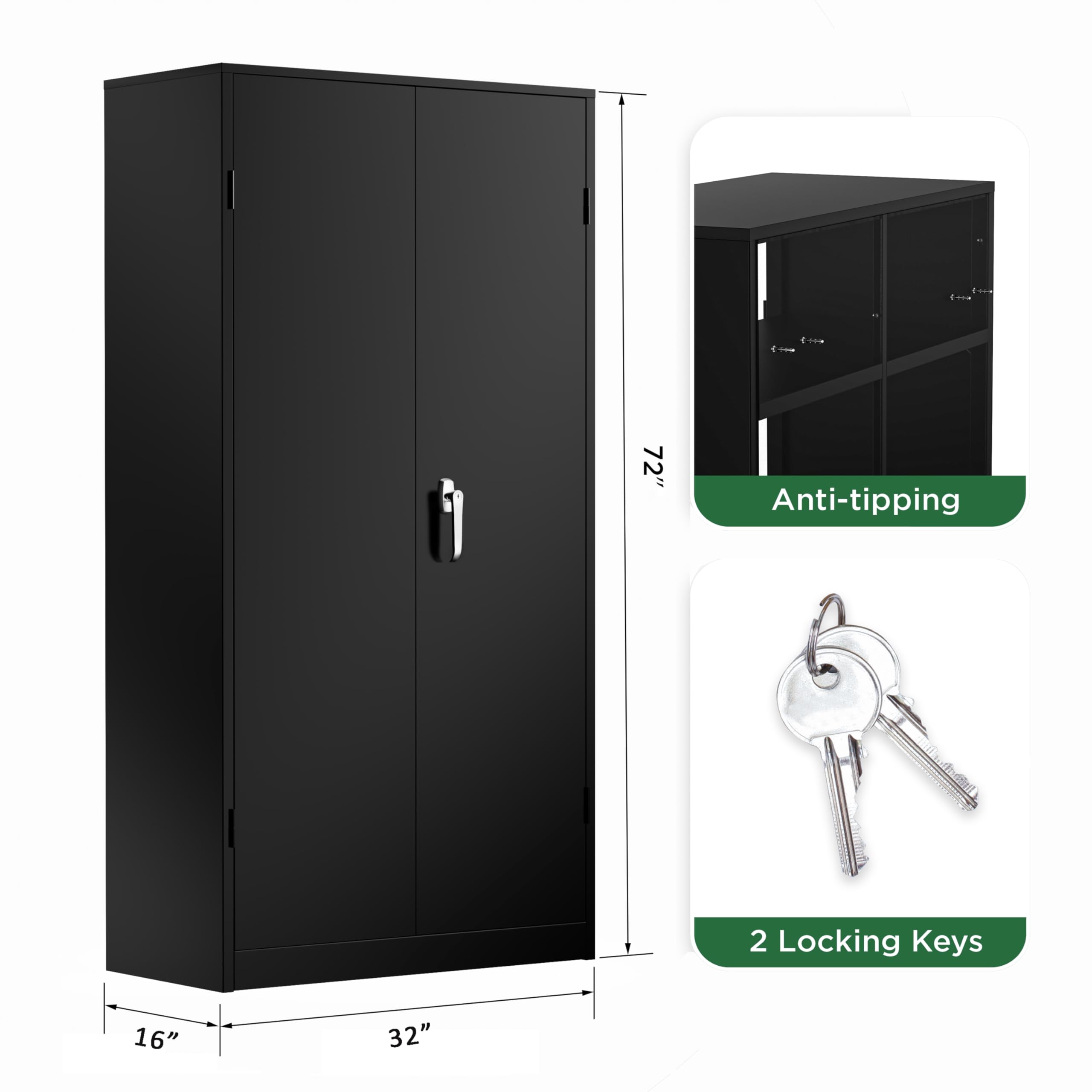 Greenvelly Metal Cabinet, 72” Black Tool Steel Locking Cabinet with Doors and 4 Shelves, Tall Cabinets for Garage Storage Systems Lockable File Cabinet for Home Office, Classroom/Pantry