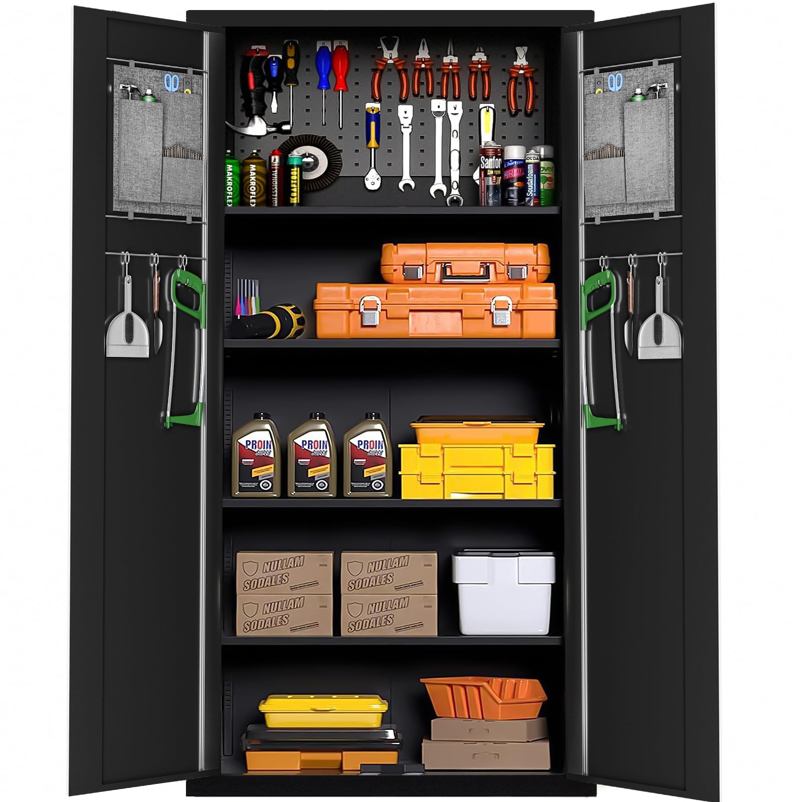 Superday 6-Tier Garage Storage Cabinet with Pegboard, 71" Metal Multifunctional Storage Cabinet with Doors and Shelves, Locking Cabinet with Adjustable Shelf for Warehouse, Basement