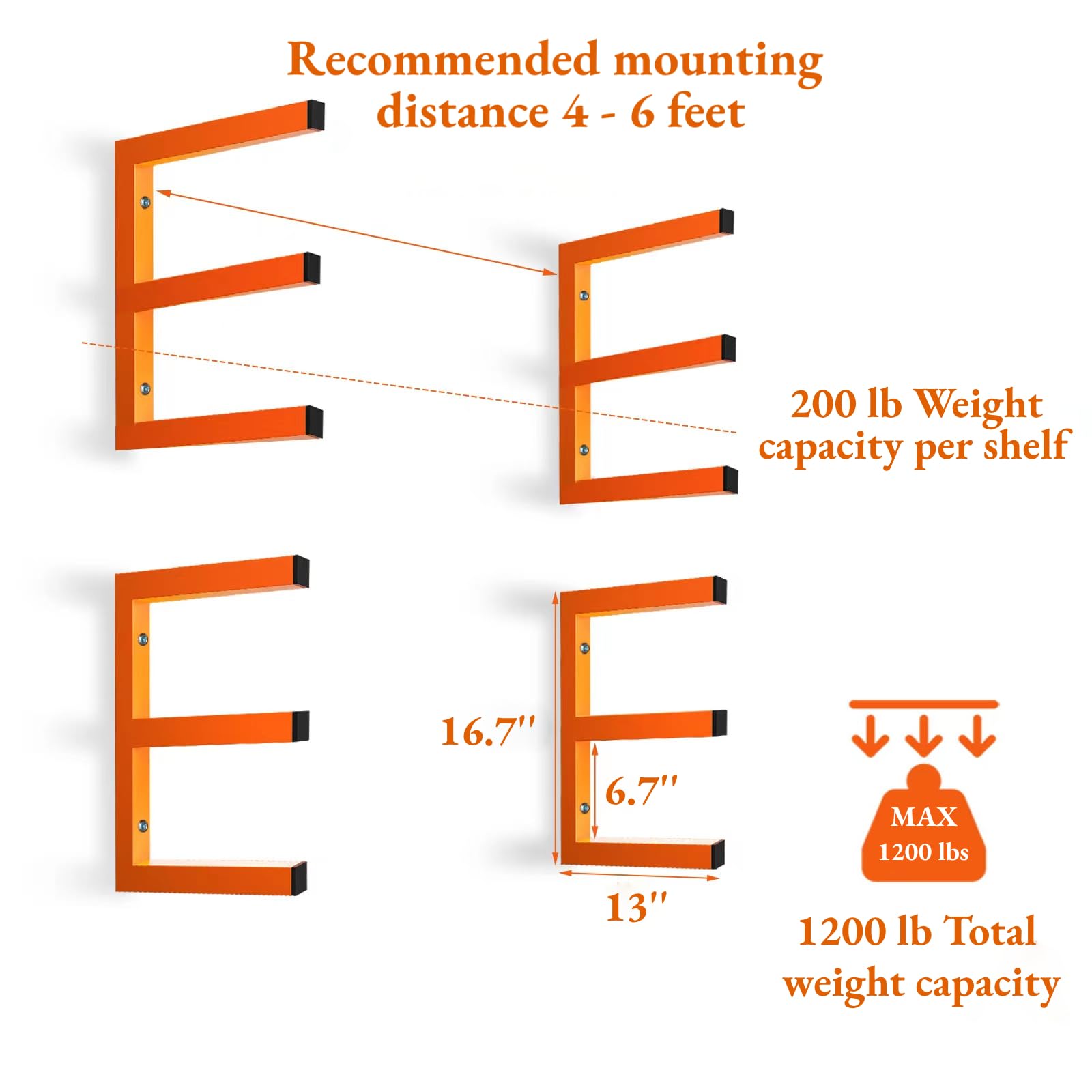 MOOMSINE Lumber Storage Rack Wall Mount, Heavy Duty Metal Wood Organizer with 6-Level Each Shelf Holds Up 200 Lbs, Indoor & Outdoor Use - 4pack