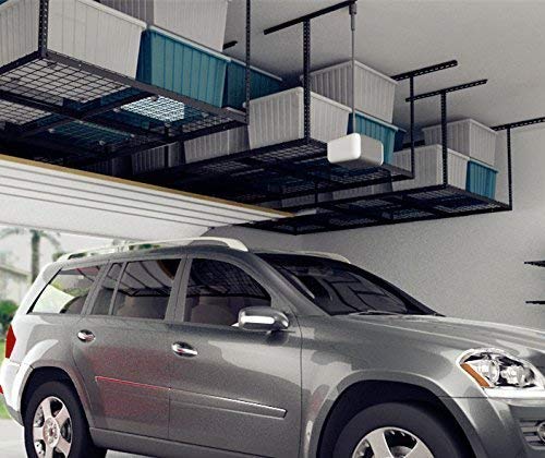 FLEXIMOUNTS 4x8 Overhead Garage Storage Rack, Adjustable Garage Storage Organization Systerm, Heavy Duty Metal Garage Ceiling Storage Racks, 600lbs Weight Capacity, Hammertone