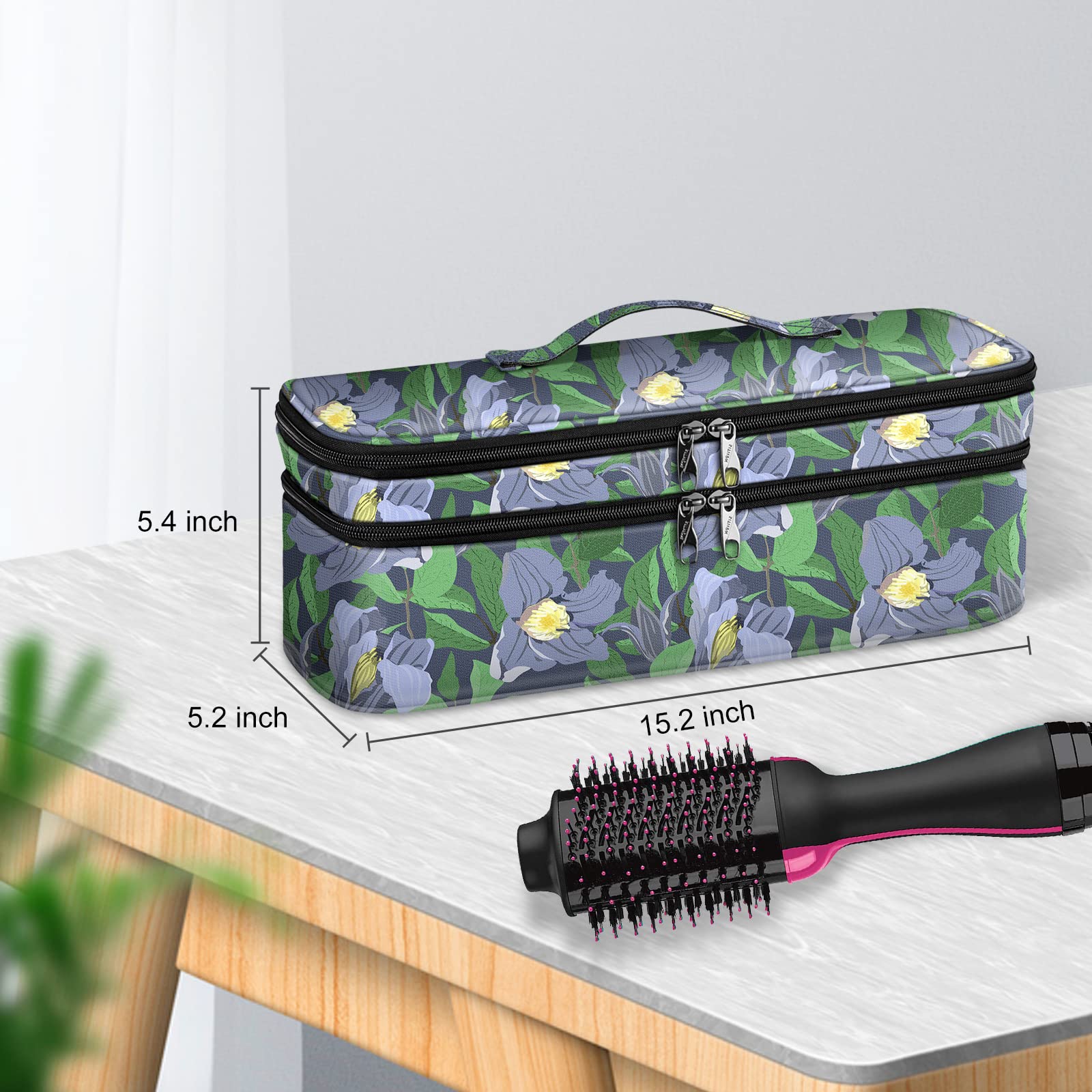 SITHON Double-Layer Travel Carrying Case for Shark FlexStyle/SmoothStyle, Water Resistant Storage Organizer Bag for Airwrap Styler, Also for Revlon One-Step Hair Dryer (Bag Only) (Blue Floral)