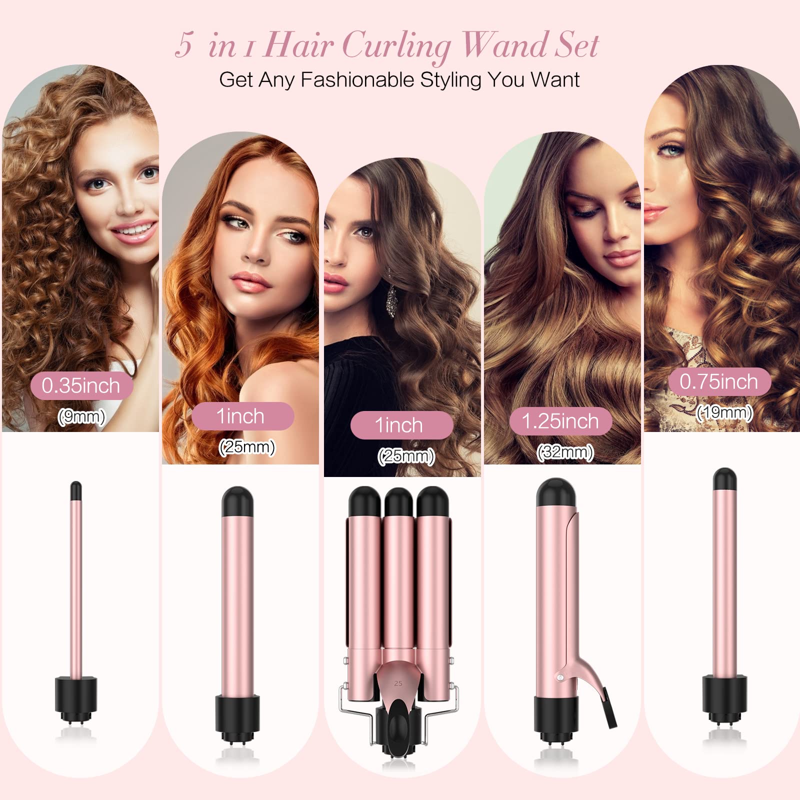 Curling Iron, 5 in 1 Curling Wand Set with 3 Barrel Hair Crimper Hair Tool & 4 Interchangeable Ceramic Curling Wand(0.35”-1.25”), 2 Temps, Instant Heating, Include Heat Protective Gloves & 2 Clips