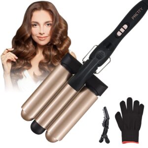 3 Barrel Curling Iron Wand, 1.25 Inch Ceramic Tourmaline Triple Barrels，Temperature Adjustable Portable Crimper Hair Iron for Beach Waves, Hair Waver Heats Up Quickly with LCD Temp Display（Rose Gold）