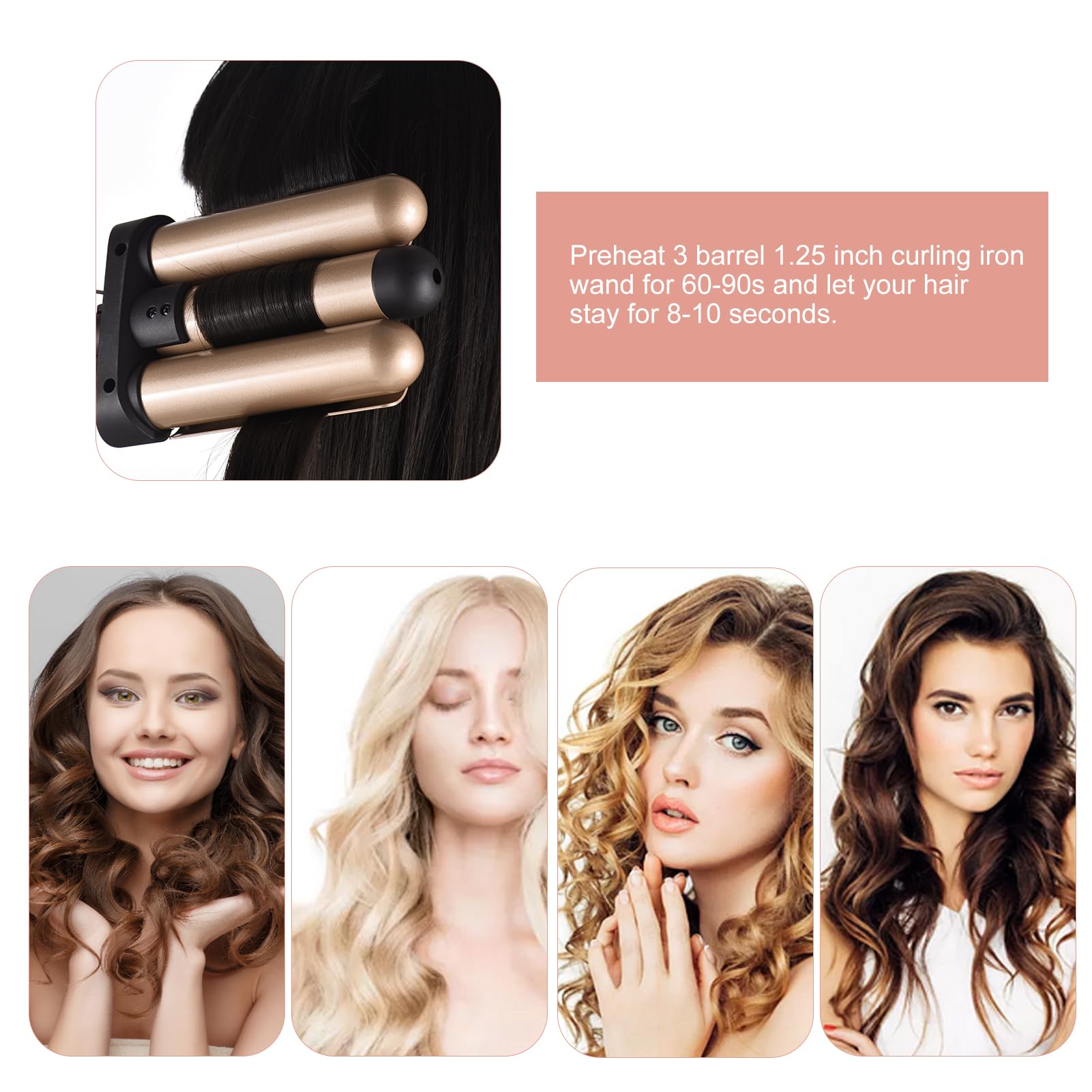 3 Barrel Curling Iron Wand, 1.25 Inch Ceramic Tourmaline Triple Barrels，Temperature Adjustable Portable Crimper Hair Iron for Beach Waves, Hair Waver Heats Up Quickly with LCD Temp Display（Rose Gold）