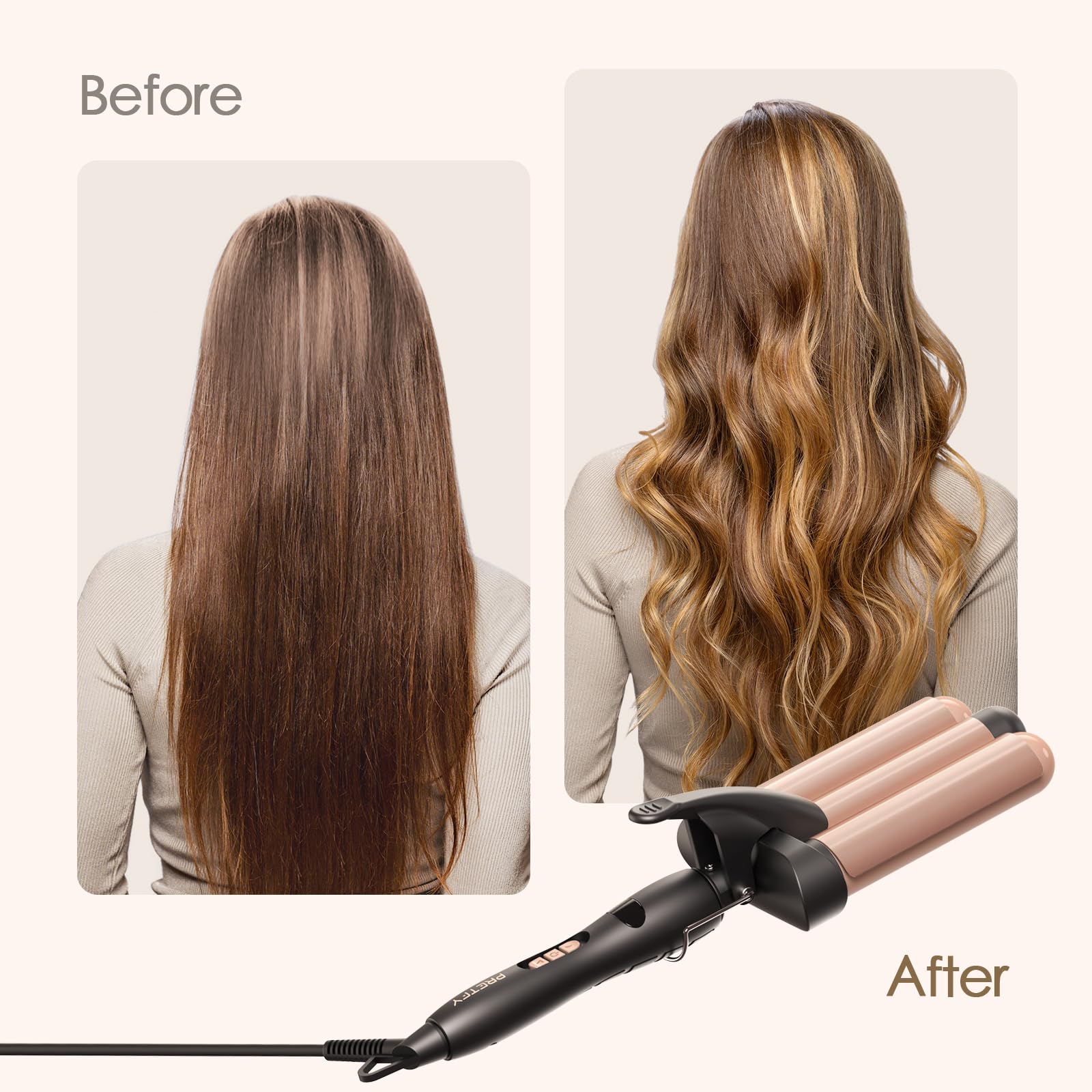 3 Barrel Curling Iron Wand, 1.25 Inch Ceramic Tourmaline Triple Barrels，Temperature Adjustable Portable Crimper Hair Iron for Beach Waves, Hair Waver Heats Up Quickly with LCD Temp Display（Rose Gold）