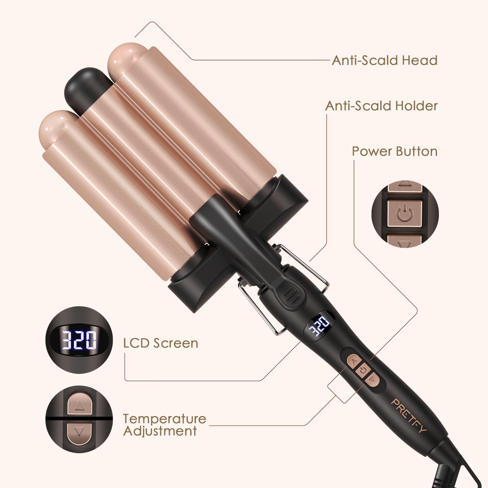 3 Barrel Curling Iron Wand, 1.25 Inch Ceramic Tourmaline Triple Barrels，Temperature Adjustable Portable Crimper Hair Iron for Beach Waves, Hair Waver Heats Up Quickly with LCD Temp Display（Rose Gold）