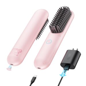 Cordless Hair Straightener Brush, TYMO Porta Straightening Brush for Women, Touch ups on-The-go Styling Hot Comb with Negative Ion, Lightweight & Mini Travel, USB Rechargeable