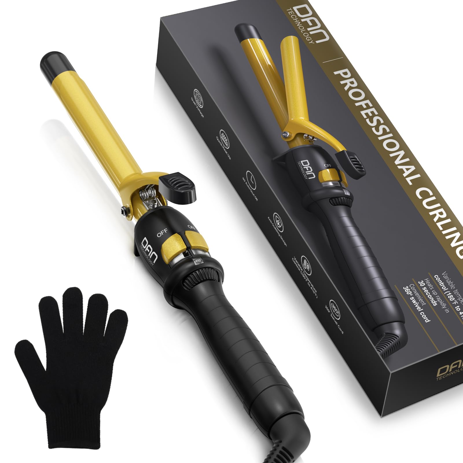 DAN Technology 3/4 Inch Hair Curling Iron 19mm Ceramic Tourmaline Curling Wand for All Hair Types Dual Voltage Hair Curler Fast Heat up Curling Tool for Salon, Hairdressing Beauty School, Gold Black