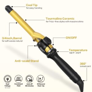 DAN Technology 3/4 Inch Hair Curling Iron 19mm Ceramic Tourmaline Curling Wand for All Hair Types Dual Voltage Hair Curler Fast Heat up Curling Tool for Salon, Hairdressing Beauty School, Gold Black