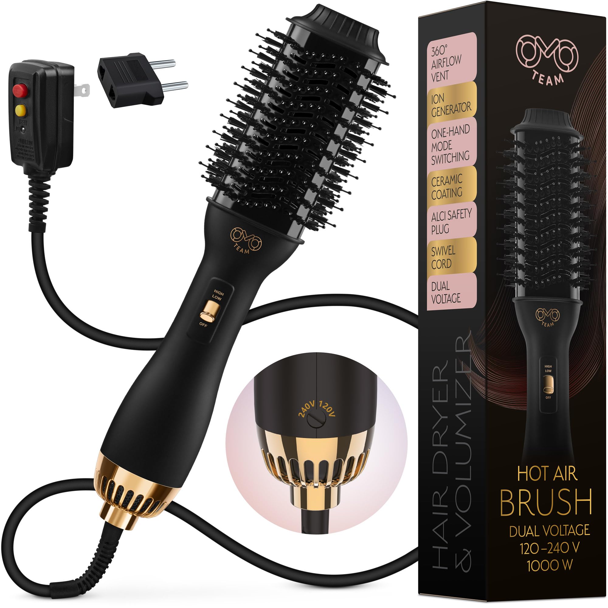 Professional Dual Voltage Blowout Hair Dryer Brush for European Travel 110V-120V/220V-240V, Black Gold Dryer and Volumizer, Hot Air Brush for Women, 2.4 INCHES Oval Shape