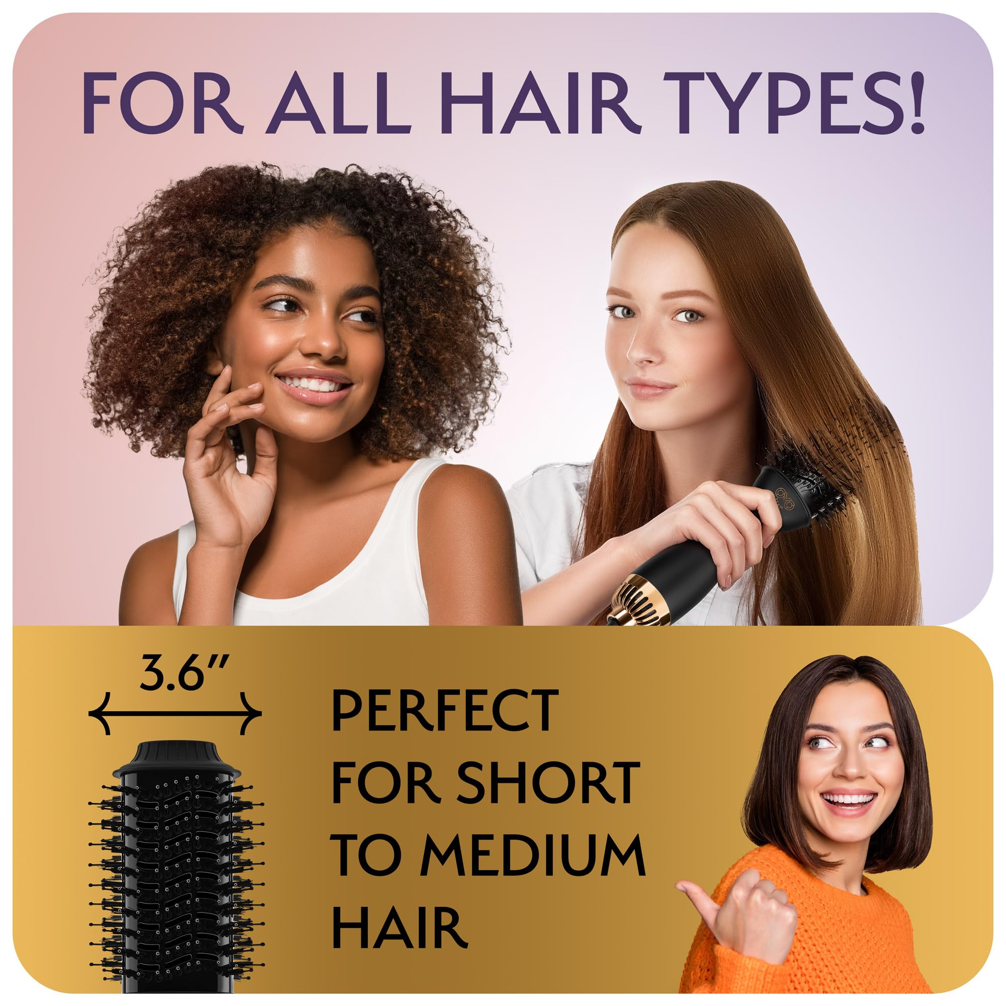 Professional Dual Voltage Blowout Hair Dryer Brush for European Travel 110V-120V/220V-240V, Black Gold Dryer and Volumizer, Hot Air Brush for Women, 2.4 INCHES Oval Shape