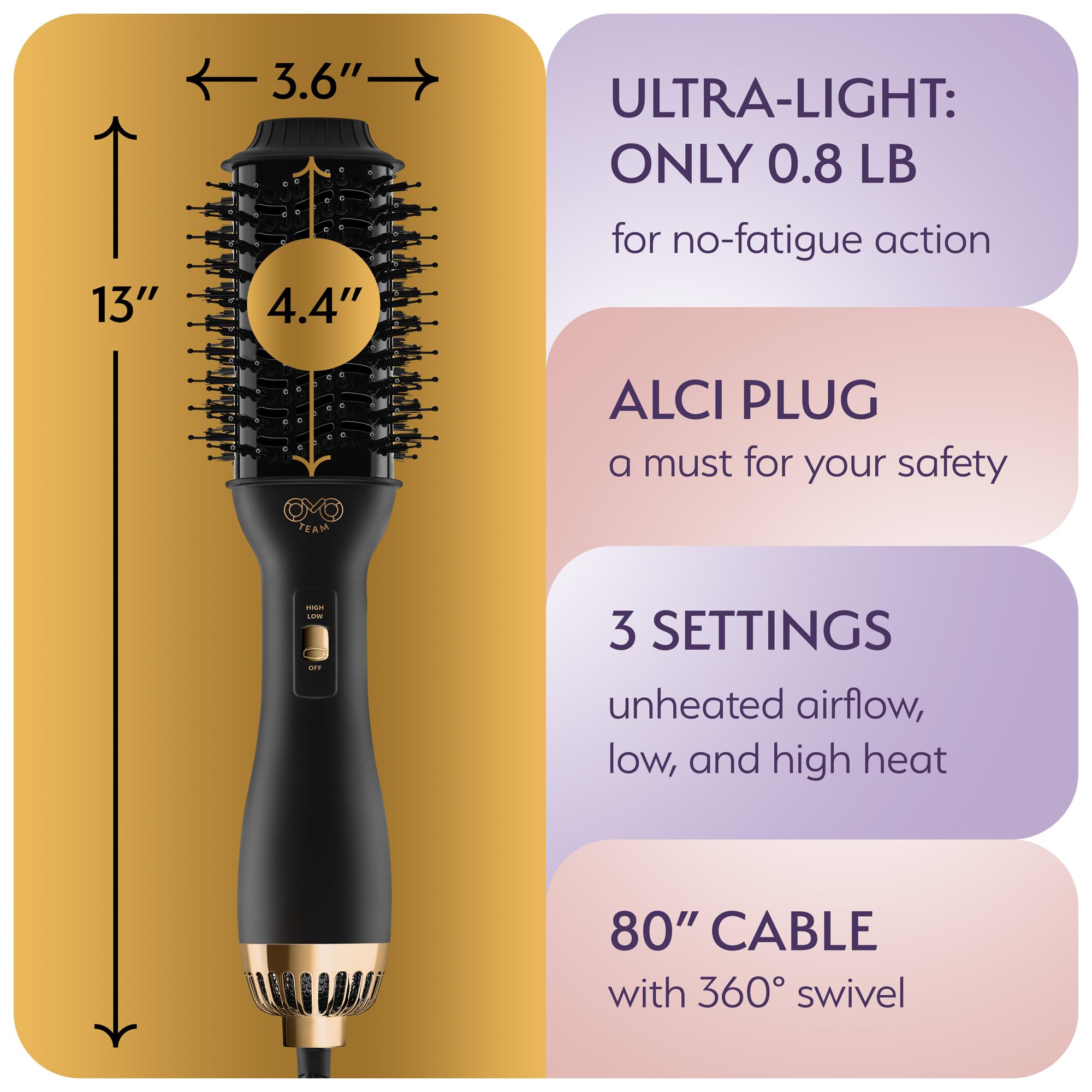 Professional Dual Voltage Blowout Hair Dryer Brush for European Travel 110V-120V/220V-240V, Black Gold Dryer and Volumizer, Hot Air Brush for Women, 2.4 INCHES Oval Shape