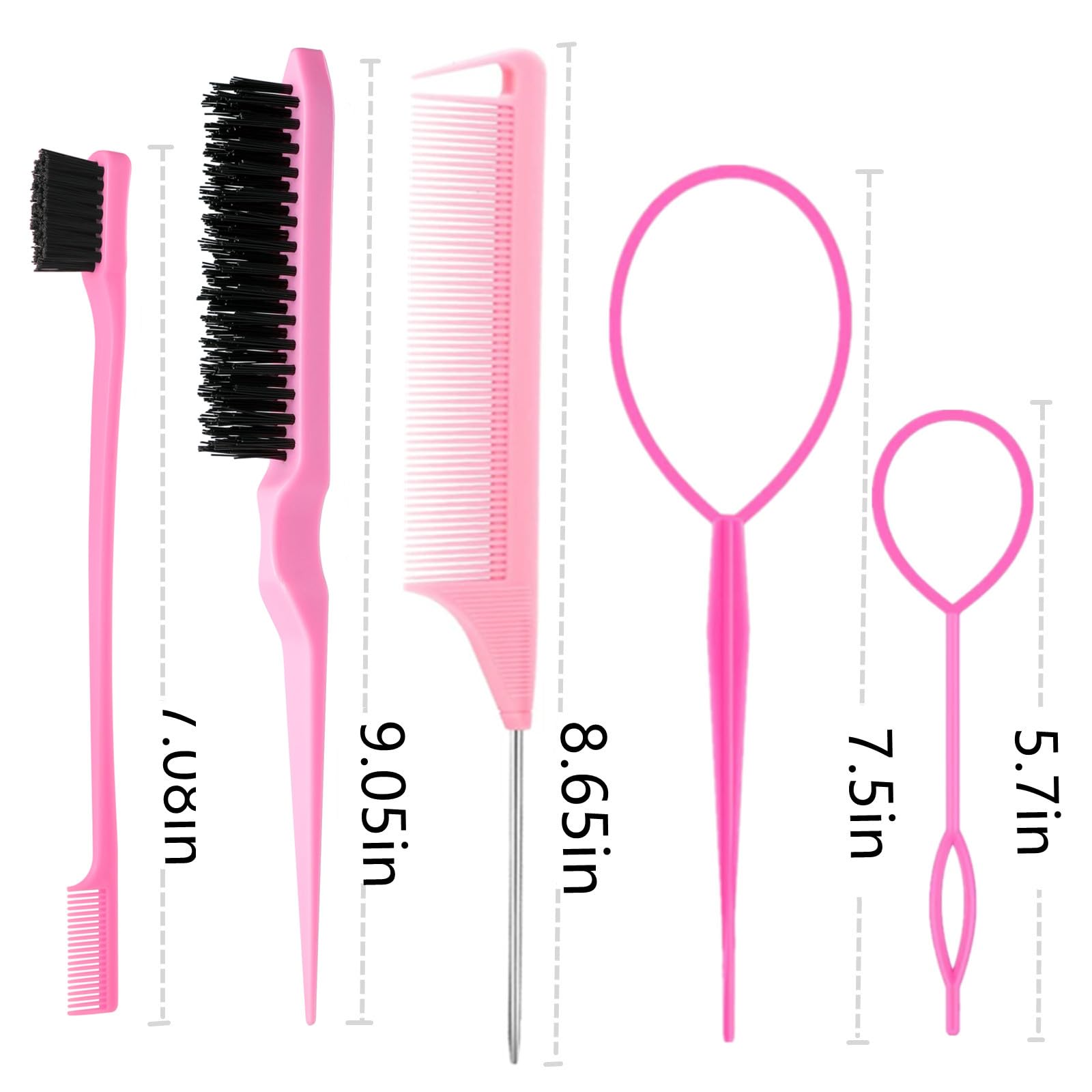 ZVOREI 8Pcs Hair Brushes Set with 4Pcs Topsy Hair Tail Tools 1Pcs Bristle Teasing Hair Brush 1Pcs Edge Control Brush 2Pcs Metal Pin Rat Tail Combs for Woman Girl Hair Styling,Edge&Back Brushing,Pink