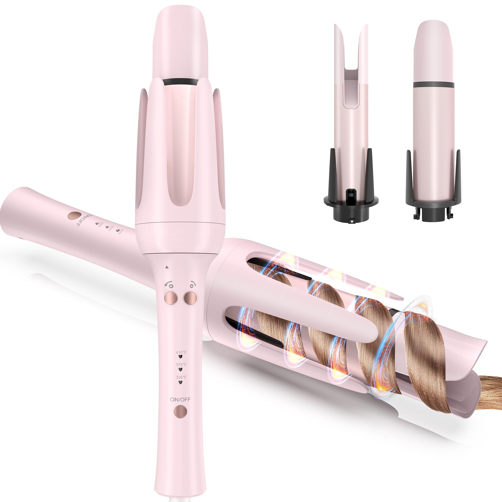 Curlicue Automatic Curling Iron Hair Curler，Replaceable Curling Wand w/ 2 Sizes Barrel (1''，1.25'') & 3 Temps，Hair Waver w/ Anti-Tangle & Auto-Off，Double Voltage Rotating Curling Iron Long Hair-Rose