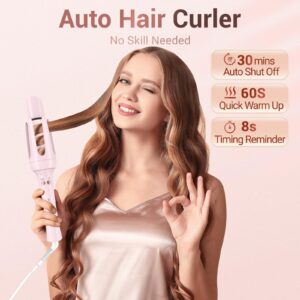 Curlicue Automatic Curling Iron Hair Curler，Replaceable Curling Wand w/ 2 Sizes Barrel (1''，1.25'') & 3 Temps，Hair Waver w/ Anti-Tangle & Auto-Off，Double Voltage Rotating Curling Iron Long Hair-Rose