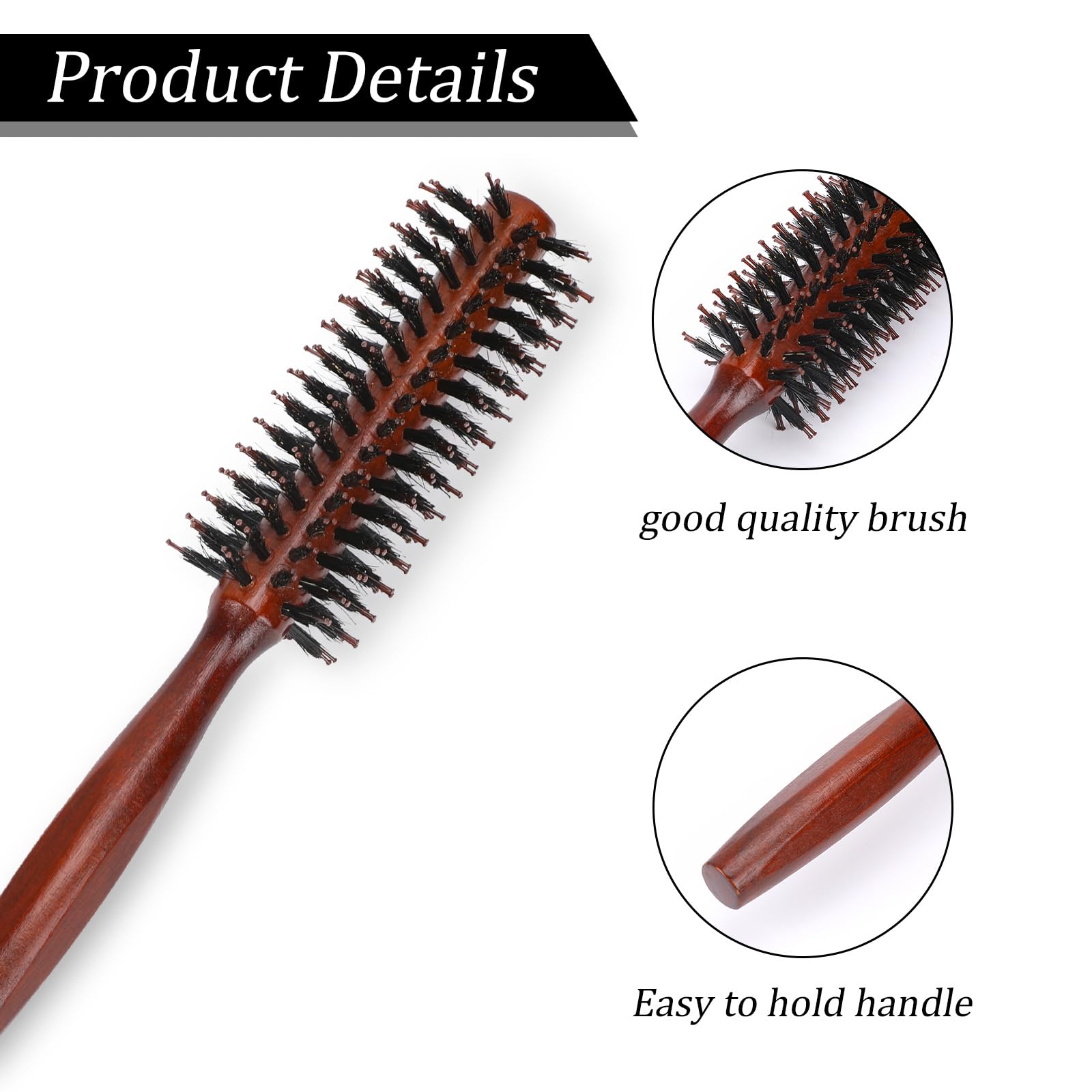 Small Round Hair Brush, Boar Bristle Vent Hair Brush Portable Hair Brush with Wood Handle Mini Rolling Circular Hairbrush for Blow Drying, Styling, Curling, Adding Hair Volume