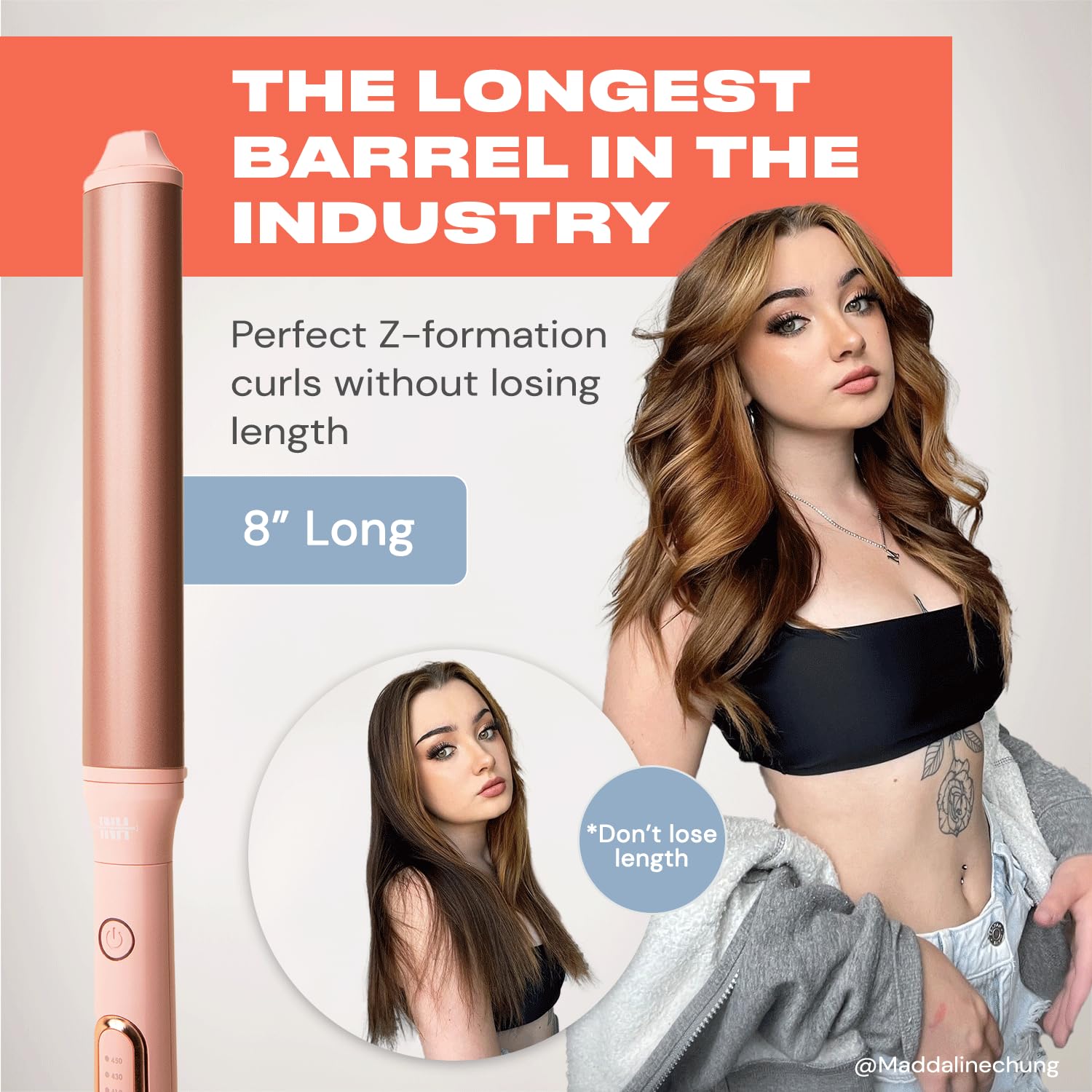 INH Hair Extra Long Oval Barrel Curling Iron with Tourmaline Ceramic Wand & Ionic Technology for Longer Looser Curls with Z-Formation | Best Hair Clamp Free Wand for Frizz Free Hollywood Blowout