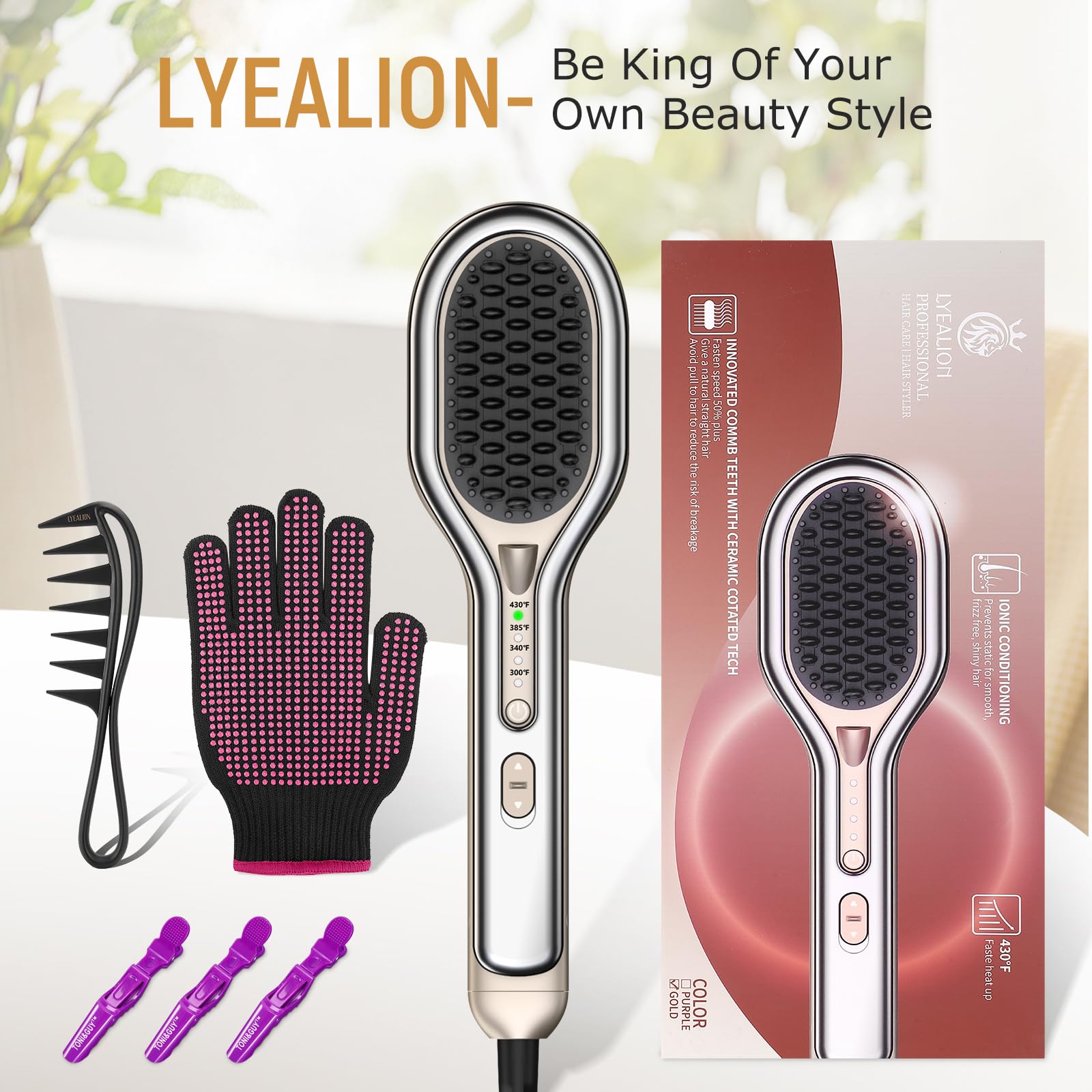 Hair Straightener Brush Ceramic | Negative Ionic Ring Straightening Comb | Natural Hairstyles Heat Brush Dual Voltage Fast Heat-Up with Dense Bristles, 4 Temps, Anti-Scald & Auto-Off