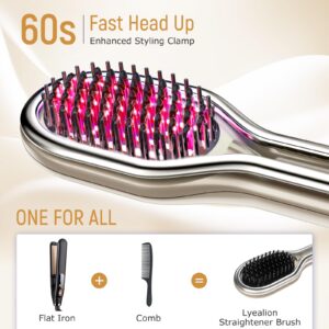 Hair Straightener Brush Ceramic | Negative Ionic Ring Straightening Comb | Natural Hairstyles Heat Brush Dual Voltage Fast Heat-Up with Dense Bristles, 4 Temps, Anti-Scald & Auto-Off