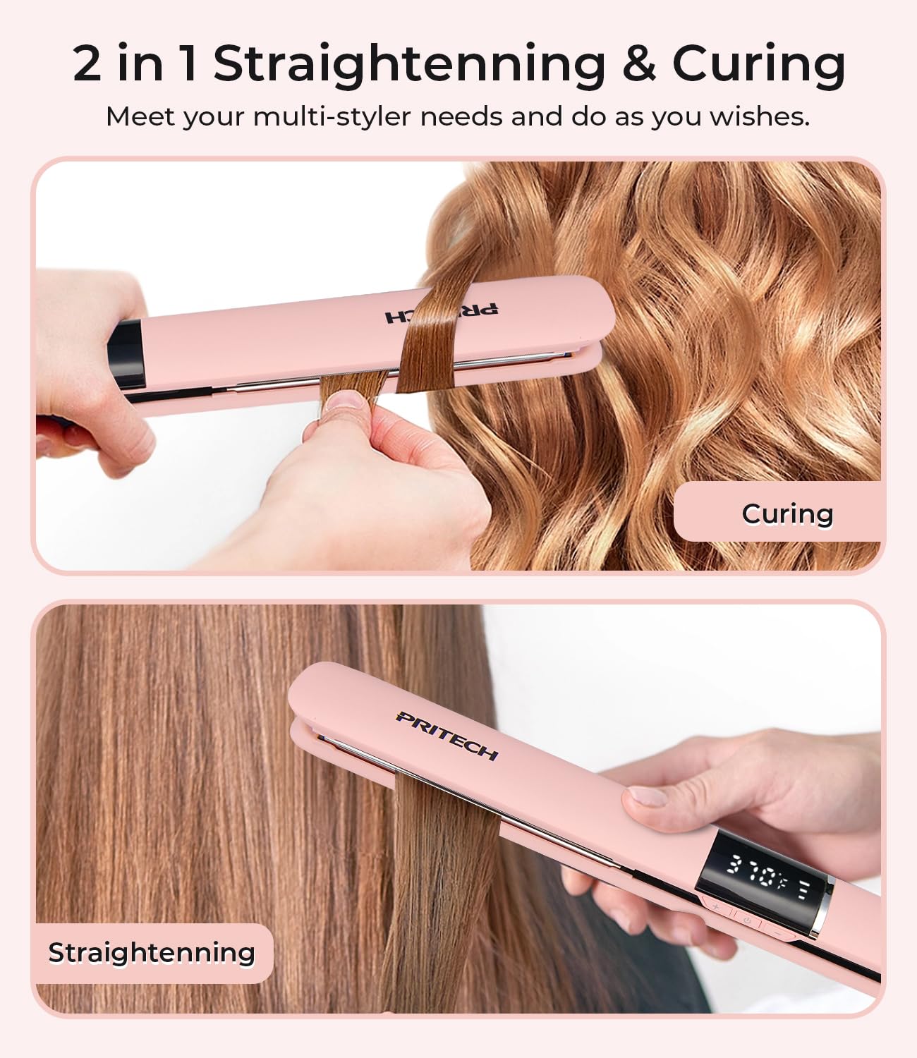 PRITECH Flat Iron Hair Straightener, Titanium Flat Iron with Adjustable Temp(290°F-450°F), 1 inch Plate for All Hairstyles Anti-Scald Dual Voltage Straightening and Curler 2 in 1 (Pink)