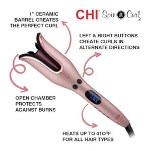 CHI Spin N Curl, Curling Iron For Healthy & Shiny Effortless Curls & Waves, Provides Preset Temperature Settings For Each Hair Texture, Rose Gold