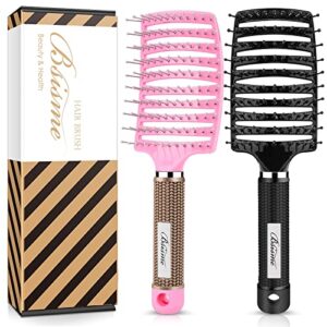 hair brush set, curved vented detangling hair brushes for women men kids, professional vent styling brush for wet dry curly thick straight hair fast blow drying brush (pink+ black)