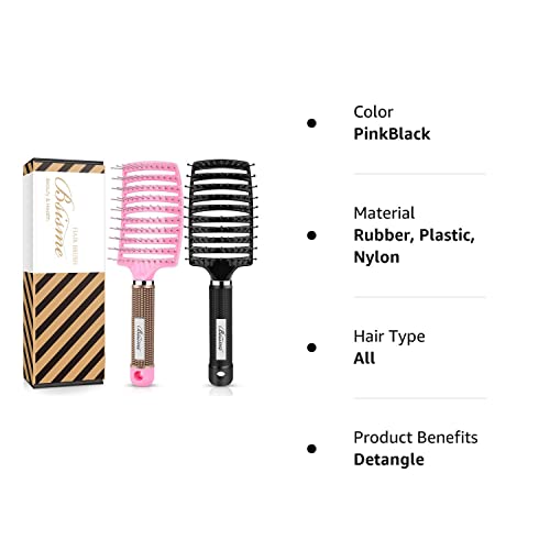 Hair Brush Set, Curved Vented Detangling Hair Brushes for Women Men Kids, Professional Vent Styling Brush for Wet Dry Curly Thick Straight Hair Fast Blow Drying Brush (Pink+ Black)