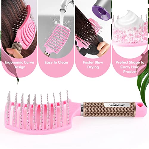 Hair Brush Set, Curved Vented Detangling Hair Brushes for Women Men Kids, Professional Vent Styling Brush for Wet Dry Curly Thick Straight Hair Fast Blow Drying Brush (Pink+ Black)