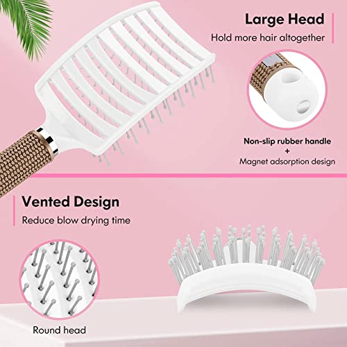 Hair Brush Set, Curved Vented Detangling Hair Brushes for Women Men Kids, Professional Vent Styling Brush for Wet Dry Curly Thick Straight Hair Fast Blow Drying Brush (Pink+ Black)