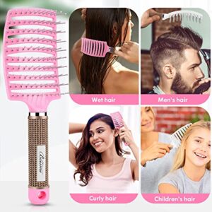 Hair Brush Set, Curved Vented Detangling Hair Brushes for Women Men Kids, Professional Vent Styling Brush for Wet Dry Curly Thick Straight Hair Fast Blow Drying Brush (Pink+ Black)