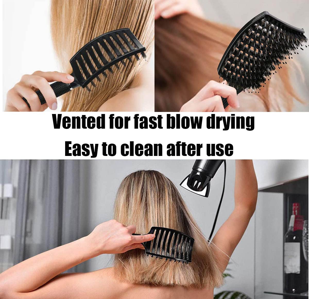 Boar Bristle Detangler Vent Brush Curved Vented Paddle Brush for Blow Drying, Anti-frizz Detangling Brush Styling Hairbrush Comb for Curly Fine Wavy Natural Tangled Hair, Wet or Dry Use