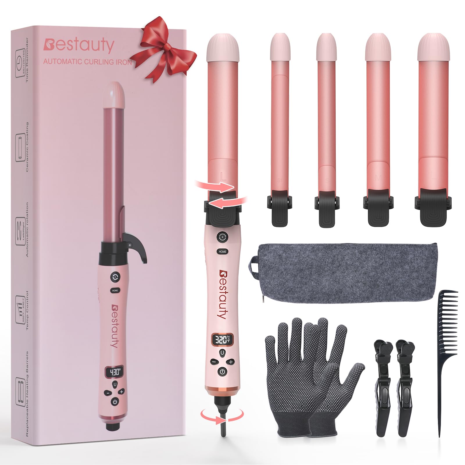 Bestauty Automatic Curling Iron, 0.75(2 PCS)/1/1.25" Interchangeable Ceramic Coating Heating Iron Barrels, Quick Heating Hair Curler 360° Rotating for Waver Curl, 4 Adjustable Temperature 320°F-430°F