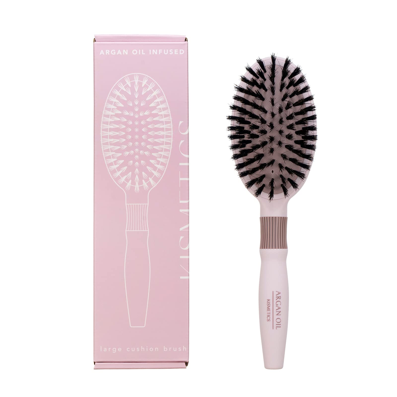 KISMETICS Hair Brush, Argan Oil Infused, Large Cushion, Boar Bristles, for Shine and Easy Styling, Unisex, All Hair Types