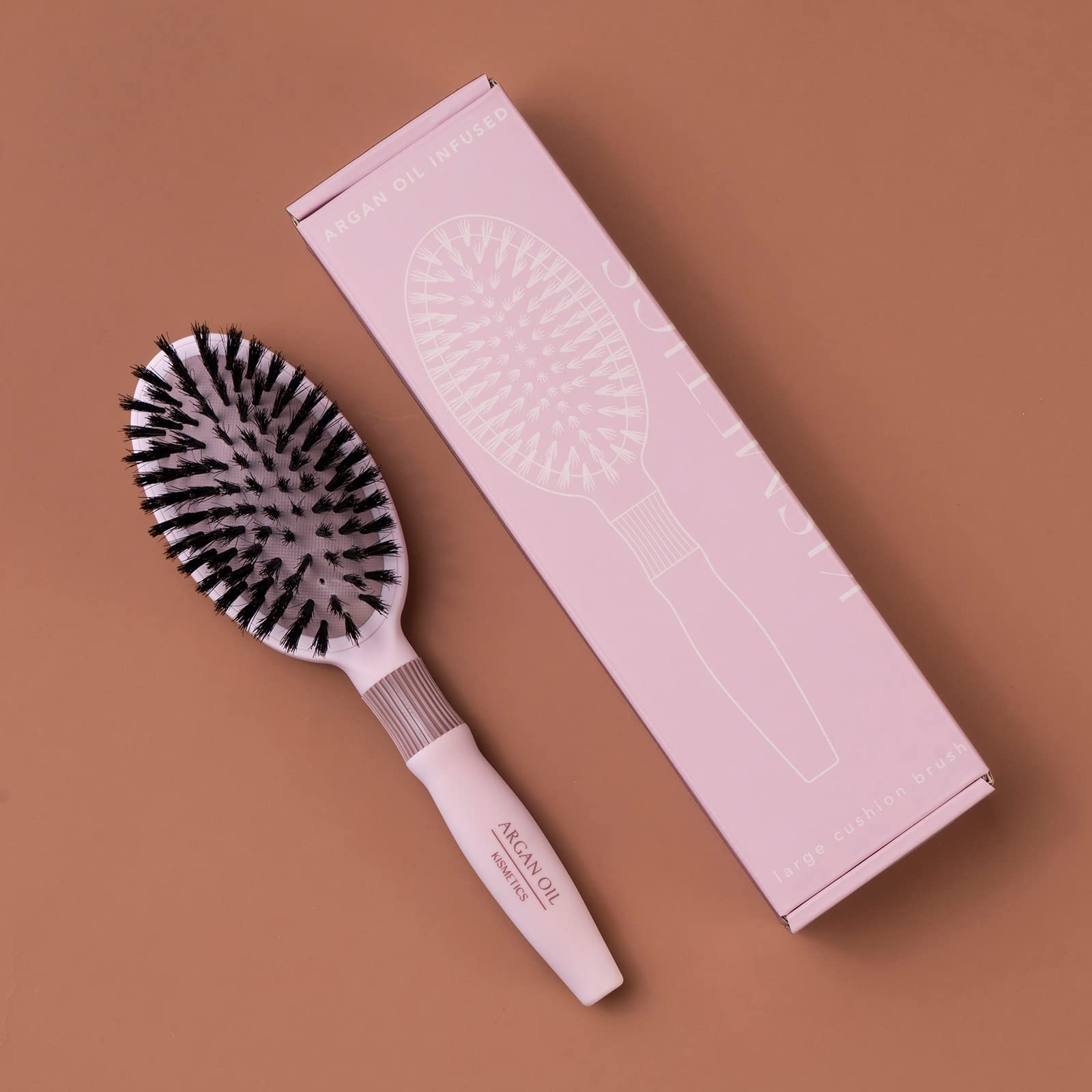 KISMETICS Hair Brush, Argan Oil Infused, Large Cushion, Boar Bristles, for Shine and Easy Styling, Unisex, All Hair Types