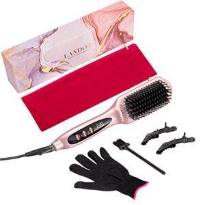 LANDOT Hair Straightener Brush Heated Straightening Brush: Negative Ion Hot Hair Brush for Smooth Frizz-Free Hair - Ceramic Flat Iron Brush - Dual Voltage Fast Heating Rose Gold