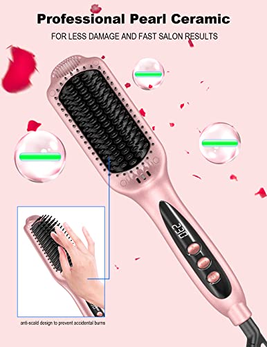 LANDOT Hair Straightener Brush Heated Straightening Brush: Negative Ion Hot Hair Brush for Smooth Frizz-Free Hair - Ceramic Flat Iron Brush - Dual Voltage Fast Heating Rose Gold