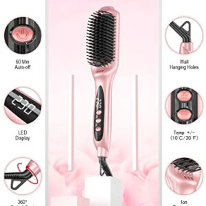 LANDOT Hair Straightener Brush Heated Straightening Brush: Negative Ion Hot Hair Brush for Smooth Frizz-Free Hair - Ceramic Flat Iron Brush - Dual Voltage Fast Heating Rose Gold