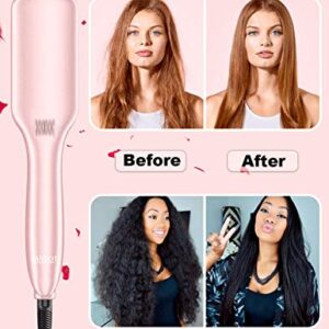 LANDOT Hair Straightener Brush Heated Straightening Brush: Negative Ion Hot Hair Brush for Smooth Frizz-Free Hair - Ceramic Flat Iron Brush - Dual Voltage Fast Heating Rose Gold