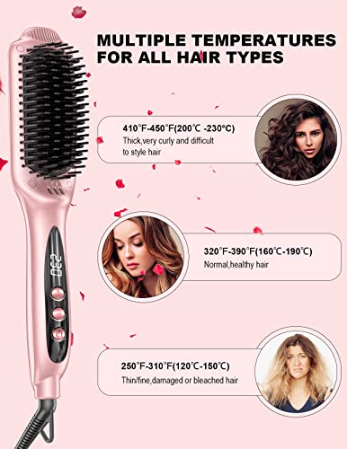 LANDOT Hair Straightener Brush Heated Straightening Brush: Negative Ion Hot Hair Brush for Smooth Frizz-Free Hair - Ceramic Flat Iron Brush - Dual Voltage Fast Heating Rose Gold