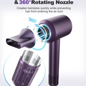 7MAGIC High-Speed Hair Dryer, 110,000RPM Brushless Motor for Fast Drying, 1400W Blow Dryer with Tri-Colour LED Light Ring, Low Noise Ionic Hair Dryer for Home and Travel, Magnetic Nozzle, Purple