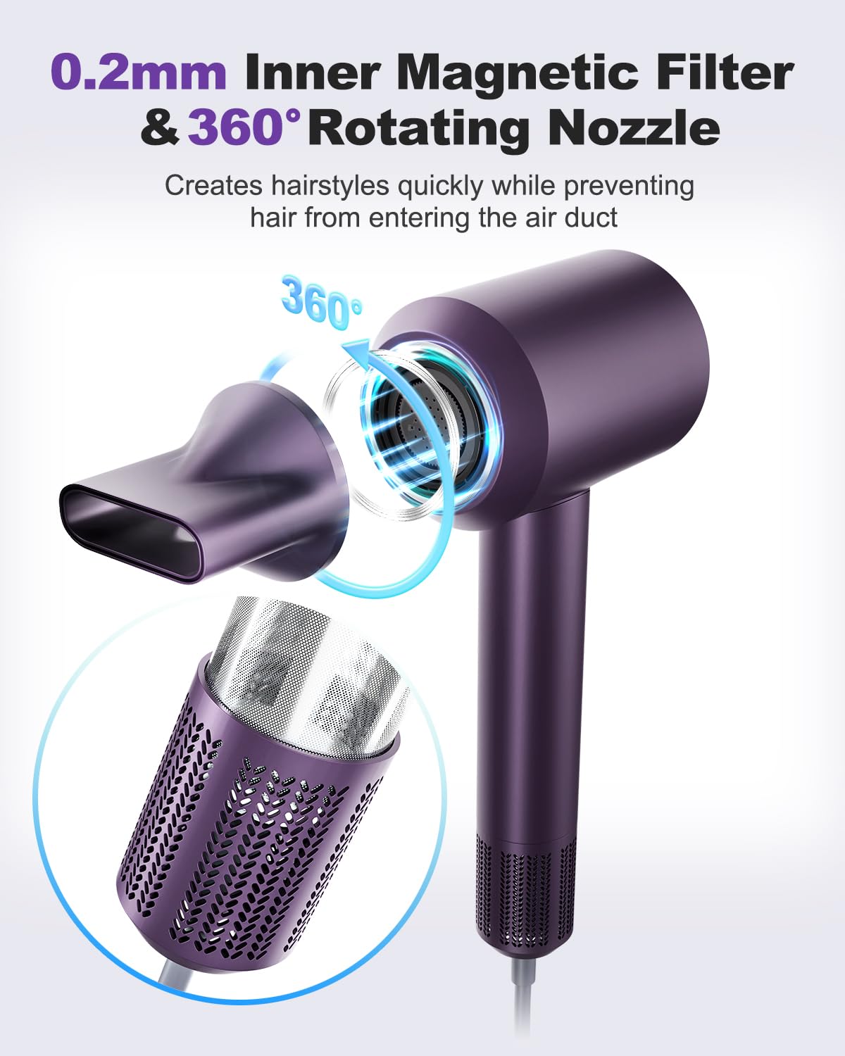 7MAGIC High-Speed Hair Dryer, 110,000RPM Brushless Motor for Fast Drying, 1400W Blow Dryer with Tri-Colour LED Light Ring, Low Noise Ionic Hair Dryer for Home and Travel, Magnetic Nozzle, Purple