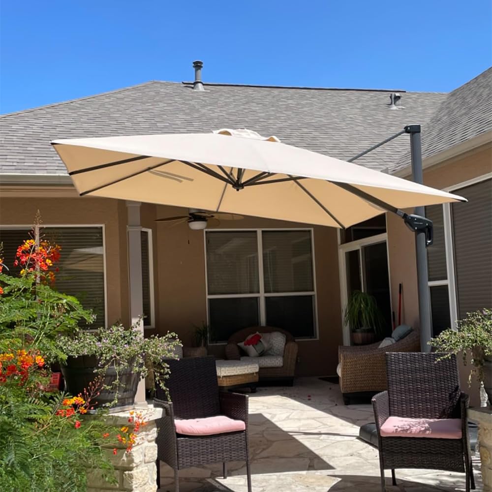 PURPLE LEAF 8 Feet Square Cantilever Umbrella Patio Umbrella with Base Outdoor Umbrella Aluminum Offset Umbrella with 360-degree Rotation for Garden Deck Pool Patio, Beige