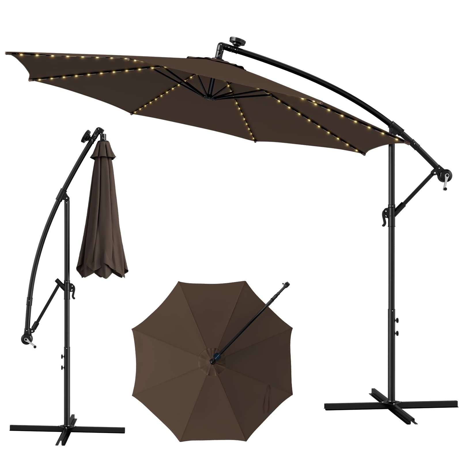 Tangkula 10FT Solar Offset Umbrella, Tilted Cantilever Hanging Umbrella with 112 LED Meteor Shower Lights, Crank Handle, Outdoor Market Umbrella for Poolside, Backyard & Deck (Tan)