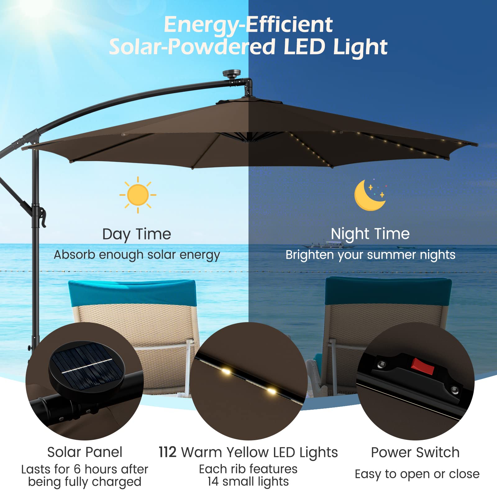 Tangkula 10FT Solar Offset Umbrella, Tilted Cantilever Hanging Umbrella with 112 LED Meteor Shower Lights, Crank Handle, Outdoor Market Umbrella for Poolside, Backyard & Deck (Tan)