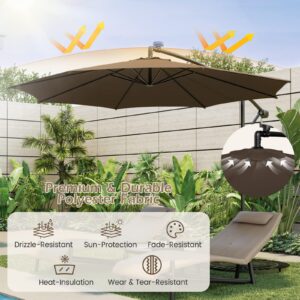 Tangkula 10FT Solar Offset Umbrella, Tilted Cantilever Hanging Umbrella with 112 LED Meteor Shower Lights, Crank Handle, Outdoor Market Umbrella for Poolside, Backyard & Deck (Tan)