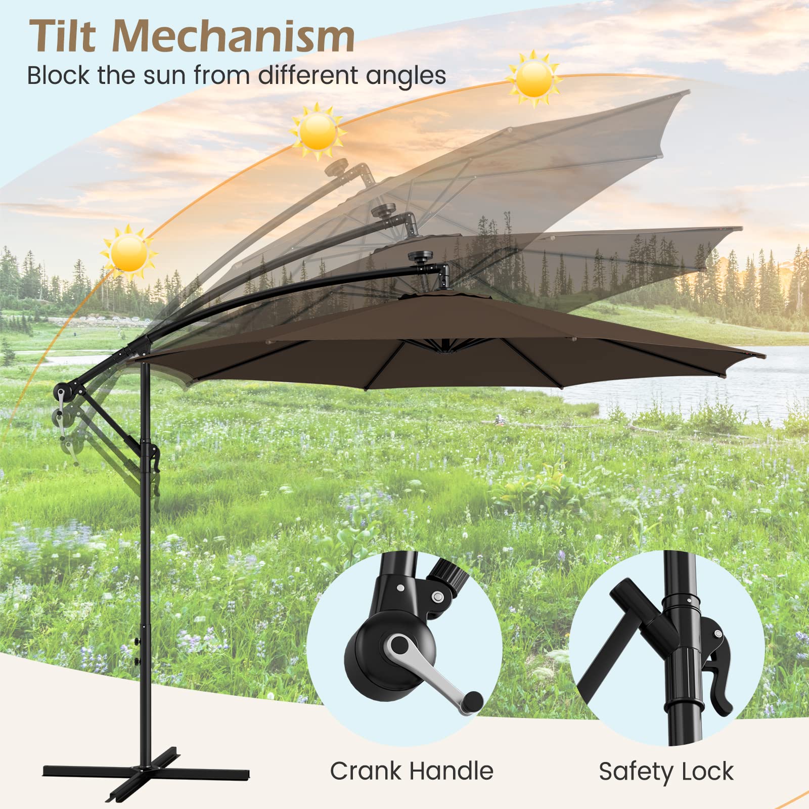 Tangkula 10FT Solar Offset Umbrella, Tilted Cantilever Hanging Umbrella with 112 LED Meteor Shower Lights, Crank Handle, Outdoor Market Umbrella for Poolside, Backyard & Deck (Tan)