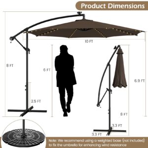 Tangkula 10FT Solar Offset Umbrella, Tilted Cantilever Hanging Umbrella with 112 LED Meteor Shower Lights, Crank Handle, Outdoor Market Umbrella for Poolside, Backyard & Deck (Tan)