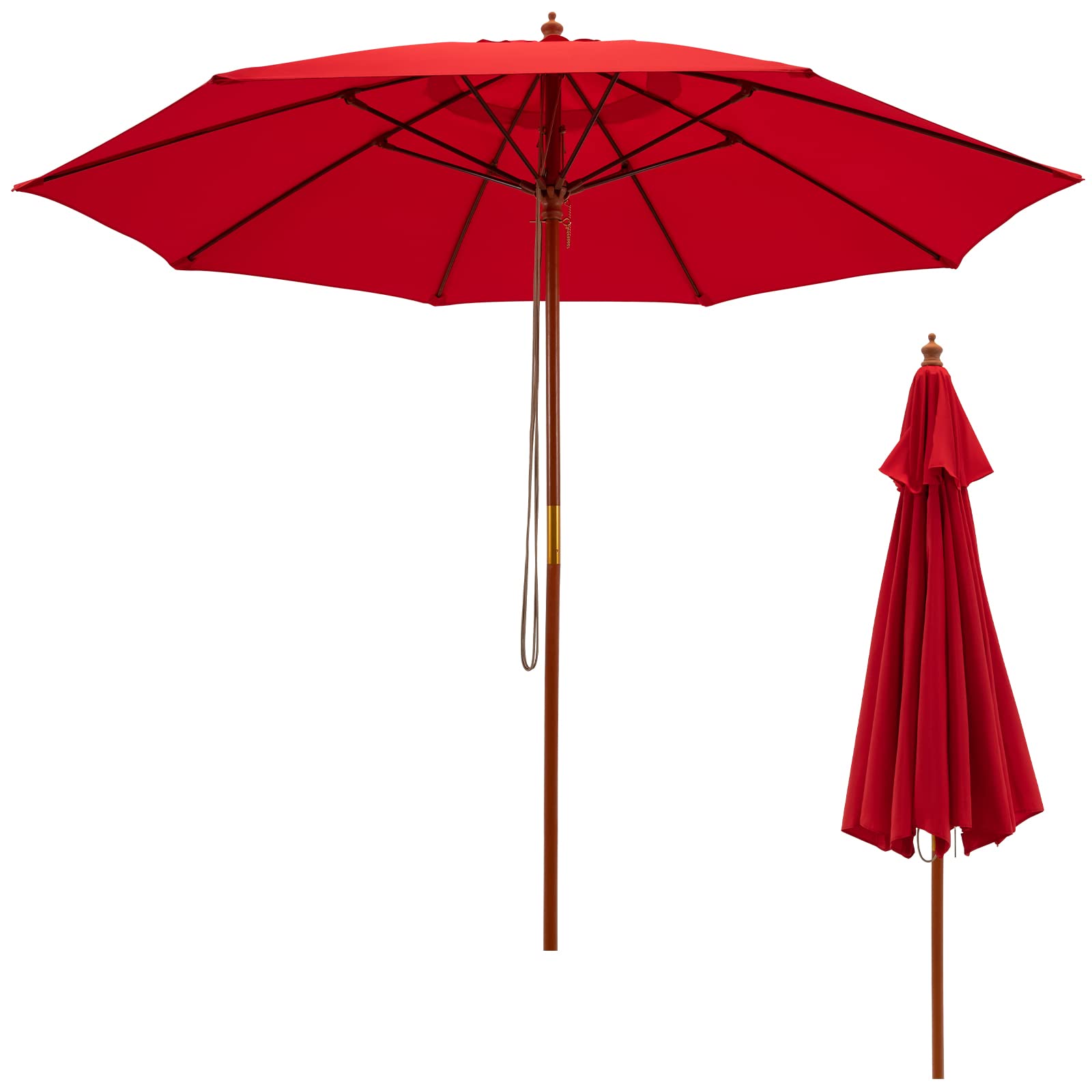 Tangkula 9.5 FT Red Wooden Pulley Umbrella with 8 Fiberglass Ribs, Rope Pulley Mechanism, and Vented Canopy for Patio, Deck, Poolside, Garden, Lawn, Terrace