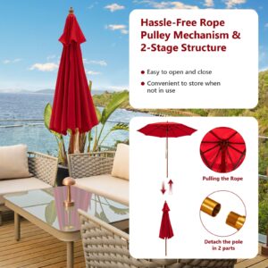 Tangkula 9.5 FT Red Wooden Pulley Umbrella with 8 Fiberglass Ribs, Rope Pulley Mechanism, and Vented Canopy for Patio, Deck, Poolside, Garden, Lawn, Terrace